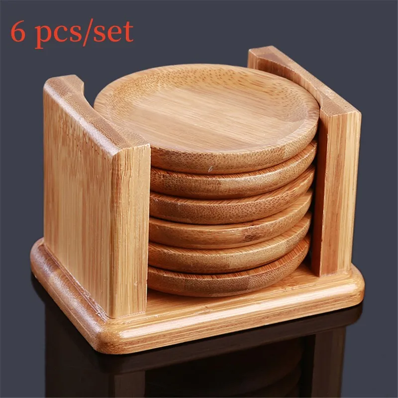 Marble Coaster Set - 6PCS Round Shape Bamboo Coaster Cup